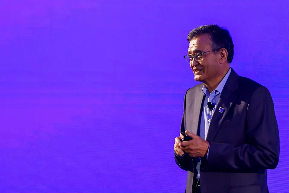 FILE PHOTO: Intel CEO Lip-Bu Tan makes a speech on stage in Taipei, Taiwan May 19, 2025. REUTERS/Ann Wang/File Photo